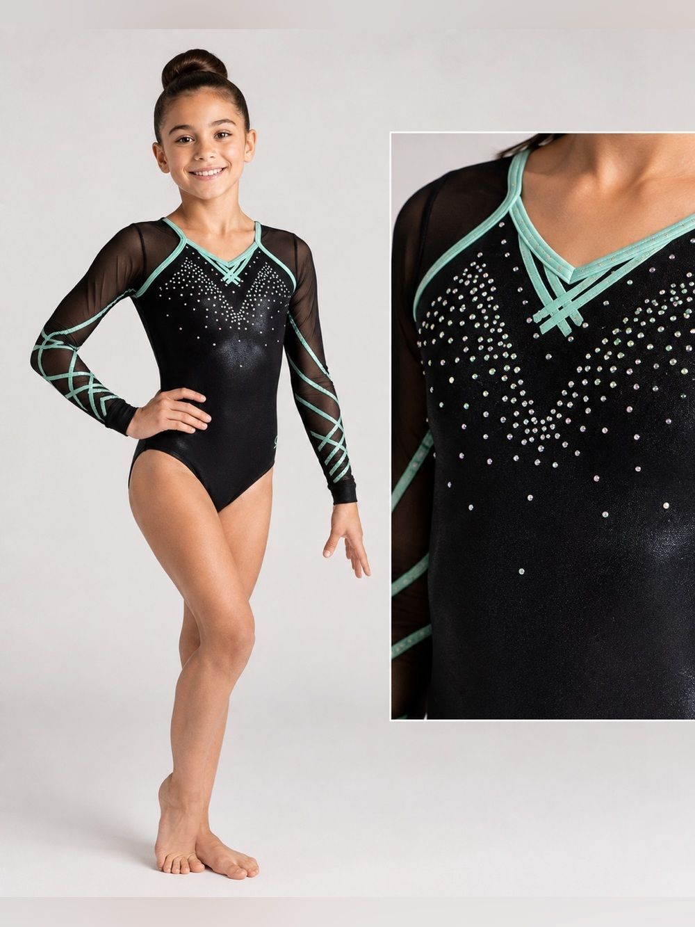 GK elite custom gymnastics competition leotard long sleeve rhinestones mesh LC